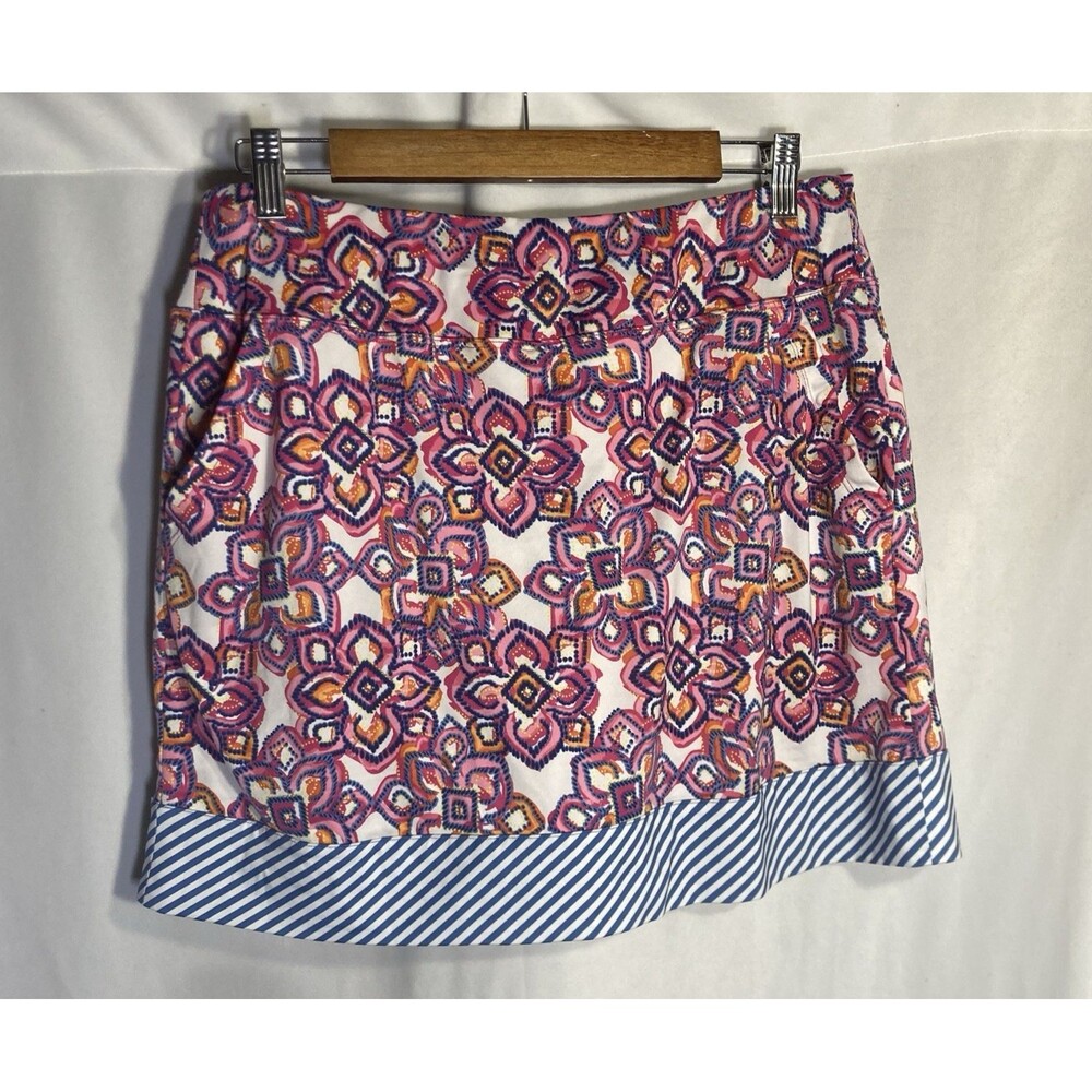 KATE LORD white blue multicolor floral geometric pull on tennis golf skort L